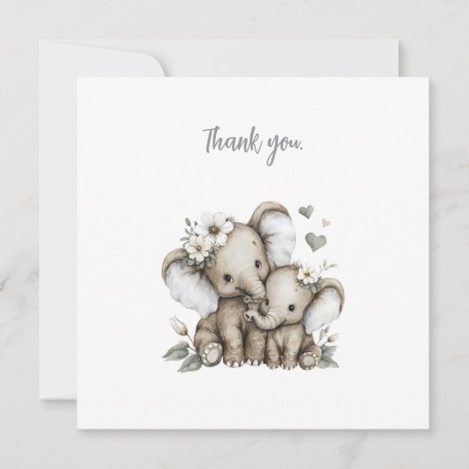 Cute Watercolour Baby Girl Elephants with Flowers  サンキューカード (正面)
