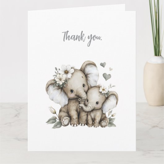 Cute Watercolour Baby Girl Elephants with Flowers  サンキューカード (正面)