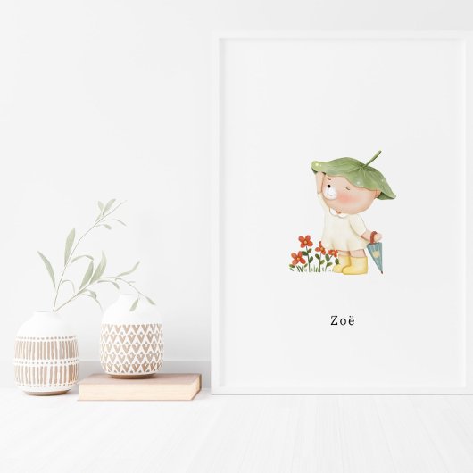 Cute Watercolour Bear With Umbrella Name Poster ポスター