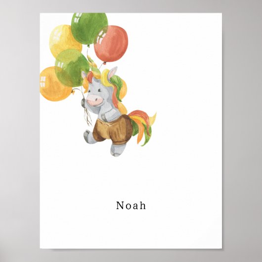 Cute Watercolour Donkey With Balloons Name Poster ポスター (正面)