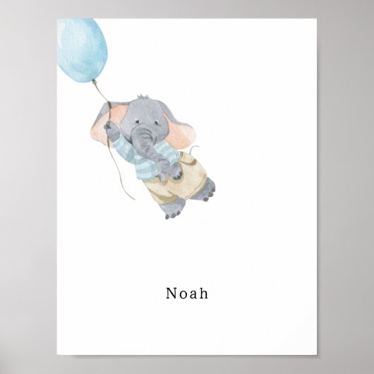 Cute Watercolour Elephant With Balloon Name ポスター (正面)