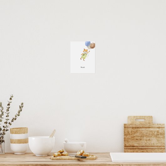 Cute Watercolour Fox With Balloons Name Poster ポスター (キッチン)