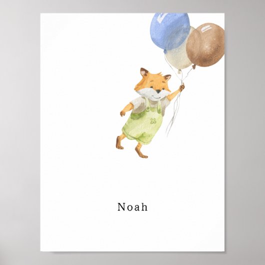 Cute Watercolour Fox With Balloons Name Poster ポスター (正面)