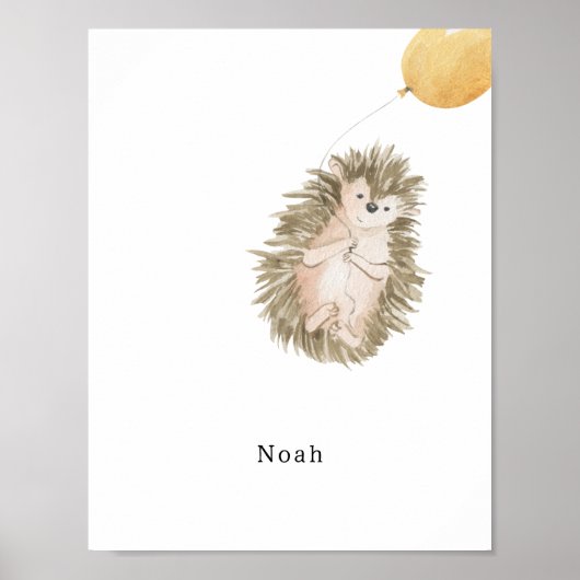 Cute Watercolour Hedgehog With Balloon Name ポスター (正面)