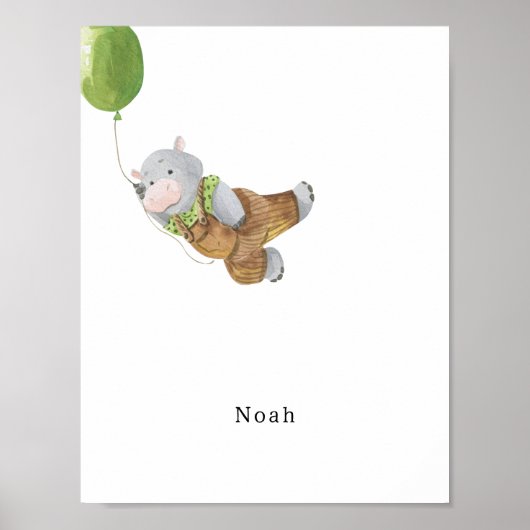 Cute Watercolour Hippo With Balloon Name Poster ポスター (正面)