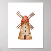 Cute Watercolour Mill Farm Windmill Poster ポスター (正面)