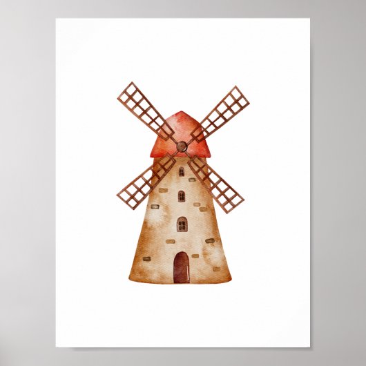 Cute Watercolour Mill Farm Windmill Poster ポスター (正面)