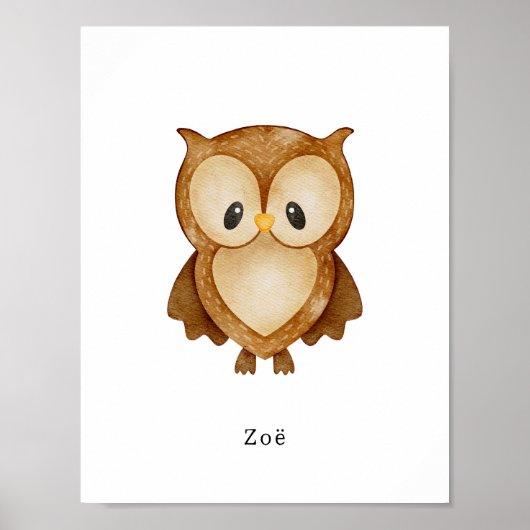 Cute Watercolour Owl Forest Animal Name Poster ポスター (正面)