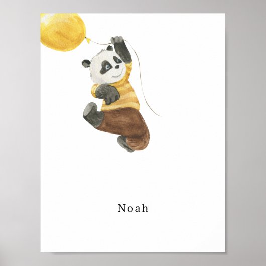 Cute Watercolour Panda With Balloon Name Poster ポスター (正面)