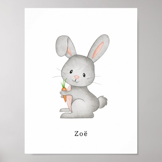 Cute Watercolour Rabbit With A Carrot Name Poster ポスター (正面)
