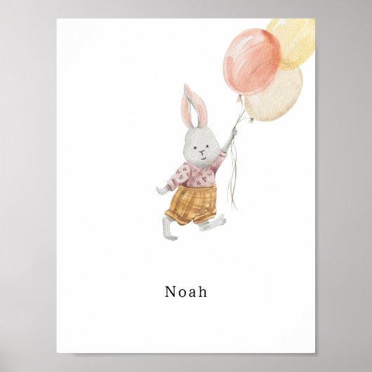 Cute Watercolour Rabbit With Balloons Name Poster ポスター (正面)