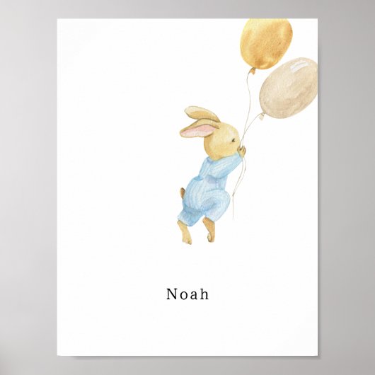 Cute Watercolour Rabbit With Balloons Name Poster ポスター (正面)