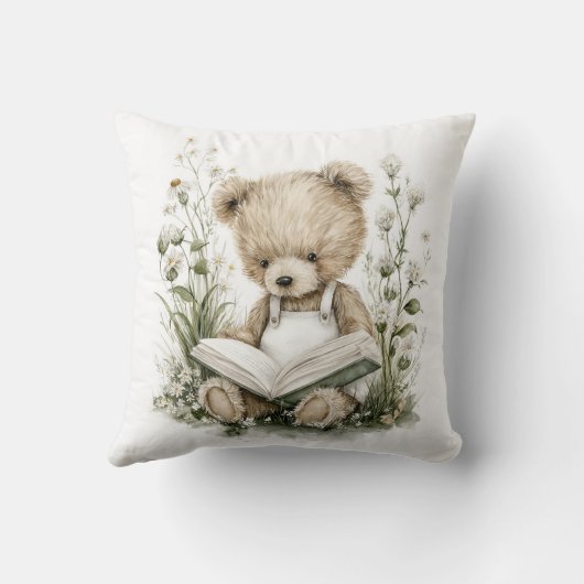 Cute Watercolour Teddy Bear reading a book クッション (裏面)