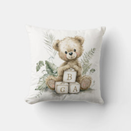 Cute Watercolour Teddy with wooden blocks クッション