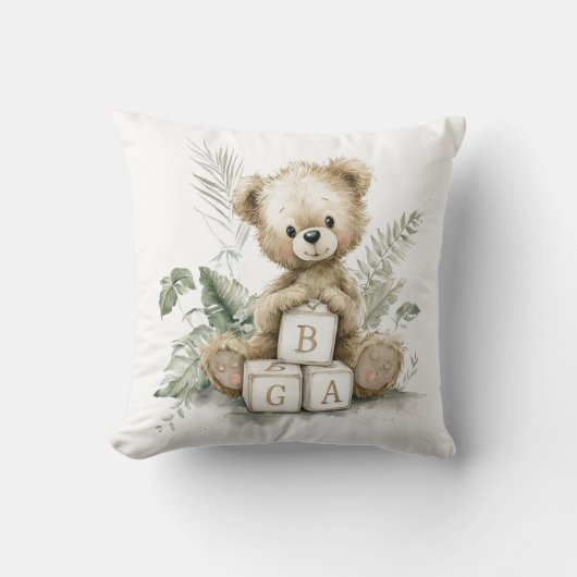 Cute Watercolour Teddy with wooden blocks クッション (正面)