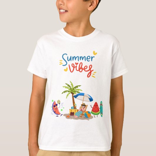  Cute Watermelon Characters Relaxing Under a Palm  Tシャツ (正面)