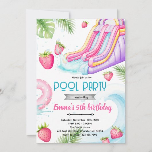 Cute waterslide strawberry pool invite 招待状 (正面)