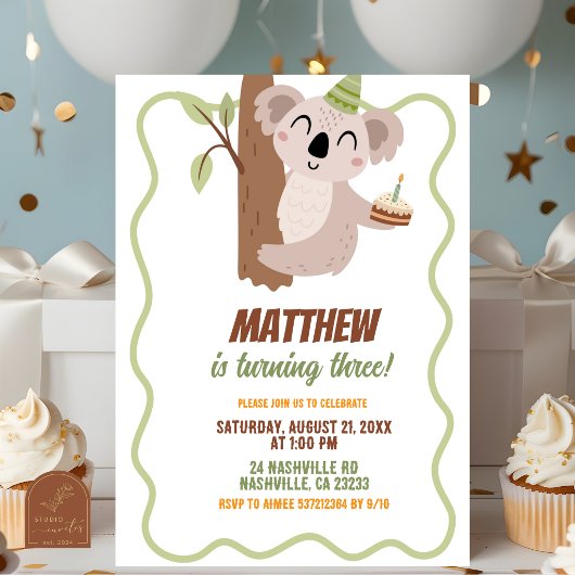 Cute Wavy Koala Boy Birthday Invitation 招待状