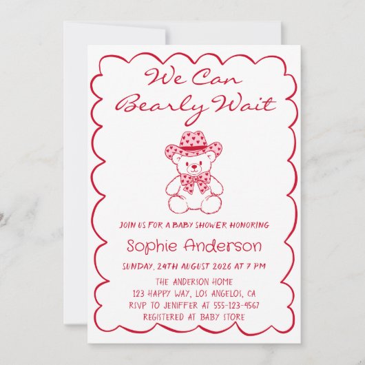 Cute We Can Bearly Wait Teddy Bear Baby Shower 招待状 (正面)