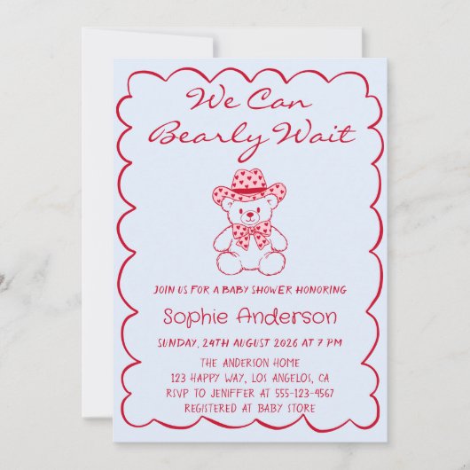 Cute We Can Bearly Wait Teddy Bear Baby Shower 招待状 (正面)