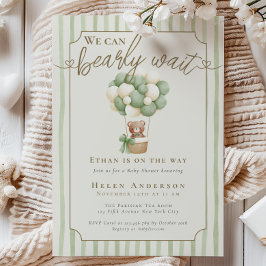 Cute We can Bearly Wait Teddy Bear Sage green Baby 招待状