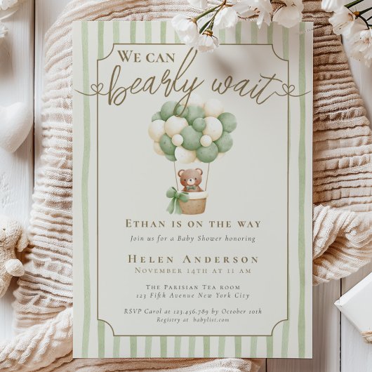 Cute We can Bearly Wait Teddy Bear Sage green Baby 招待状