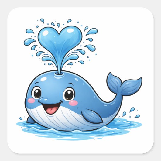 Cute Whale Heart Water Cartoon Art Sticker スクエアシール (正面)