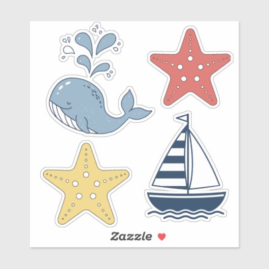 Cute Whale, Starfish & Sailboat ID1251 シール (シート)