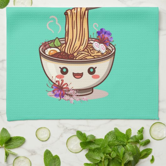 Cute "What's For Dinner?" Mint Green Ramen Bowl  キッチンタオル (折り畳み)
