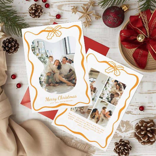 Cute Whimsical 4 Photo Doodle Poinsettia Christmas シーズンカード