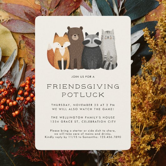 Cute Whimsical Animals Friendsgiving Potluck 招待状