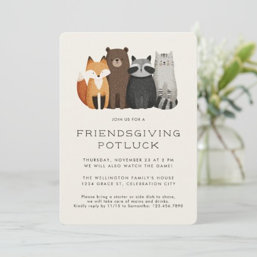 Cute Whimsical Animals Friendsgiving Potluck 招待状 (スタンド正面)