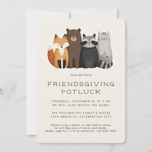 Cute Whimsical Animals Friendsgiving Potluck 招待状 (正面)