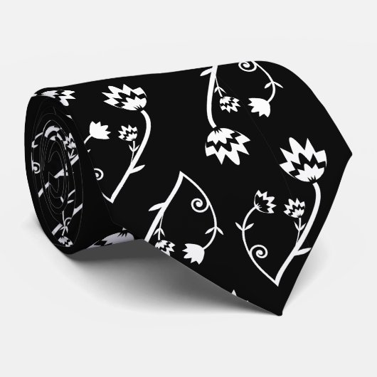 Cute Whimsical Black White Folk Floral Pattern ネクタイ (ロール)