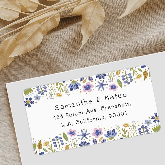 Cute Whimsical Blue Spring Flowers Return Address ラベル