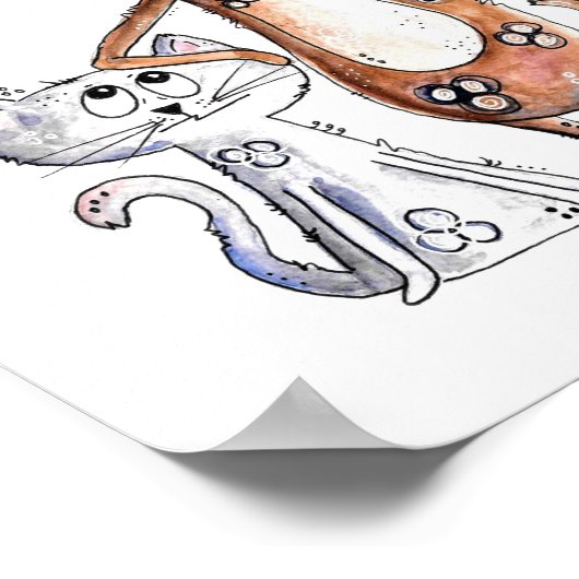 Cute Whimsical Brown Dog and Gray Cat ポスター (角)