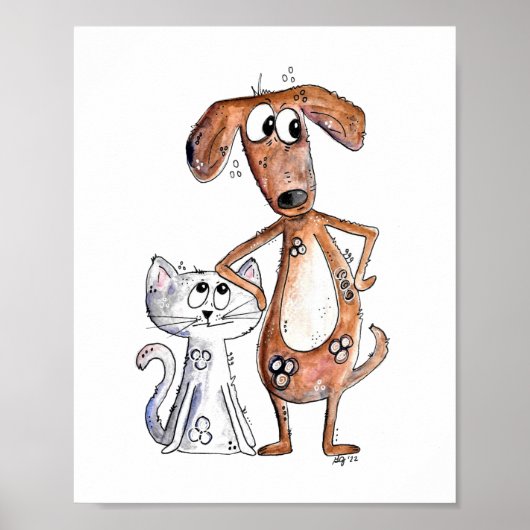 Cute Whimsical Brown Dog and Gray Cat ポスター (正面)