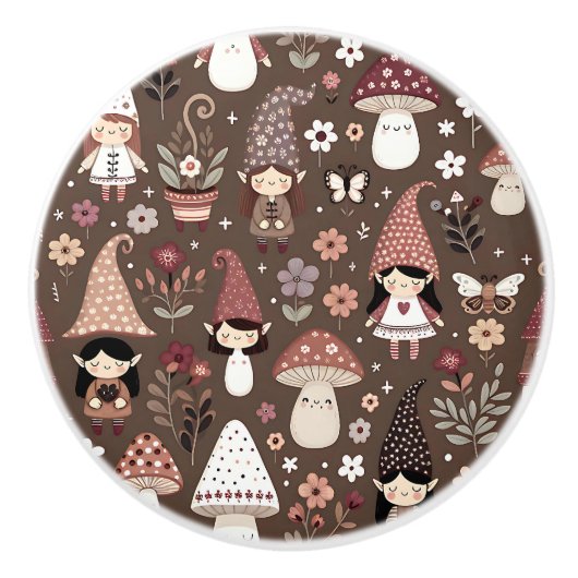 Cute Whimsical Brown Fairy Gnome Elves セラミックノブ (正面)