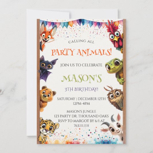 Cute Whimsical Calling All Party Animals Birthday 招待状 (正面)