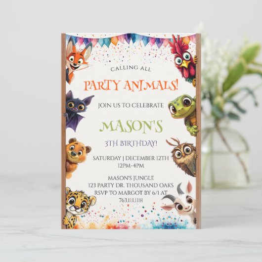 Cute Whimsical Calling All Party Animals Birthday 招待状 (スタンド正面)