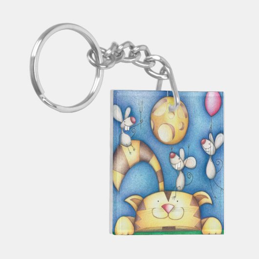 Cute Whimsical Cat and Mouse Moon Art キーホルダー (正面左)