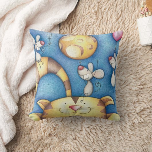 Cute Whimsical Cat and Mouse Moon Art クッション (ブランケット)