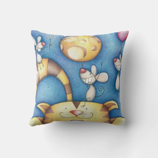 Cute Whimsical Cat and Mouse Moon Art クッション (裏面)