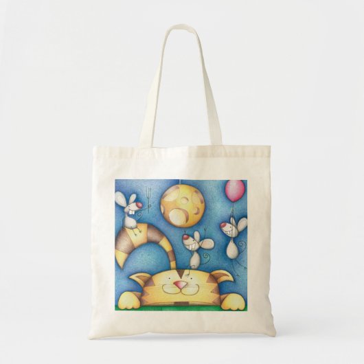 Cute Whimsical Cat and Mouse Moon Art トートバッグ (正面)