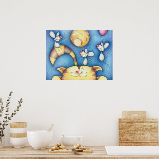 Cute Whimsical Cat and Mouse Moon Art ポスター (キッチン)