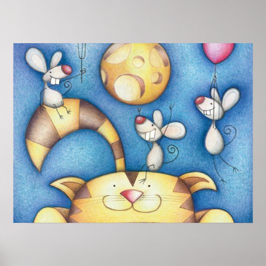 Cute Whimsical Cat and Mouse Moon Art ポスター (正面)