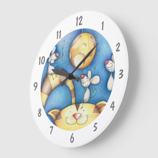 Cute Whimsical Cat and Mouse Moon Art ラージ壁時計 (傾斜)