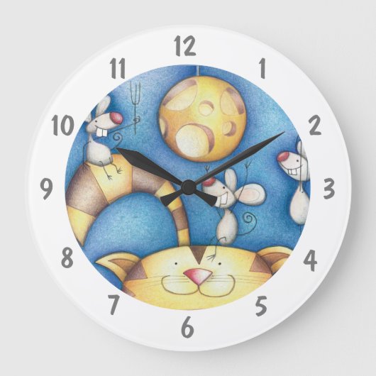 Cute Whimsical Cat and Mouse Moon Art ラージ壁時計 (正面)