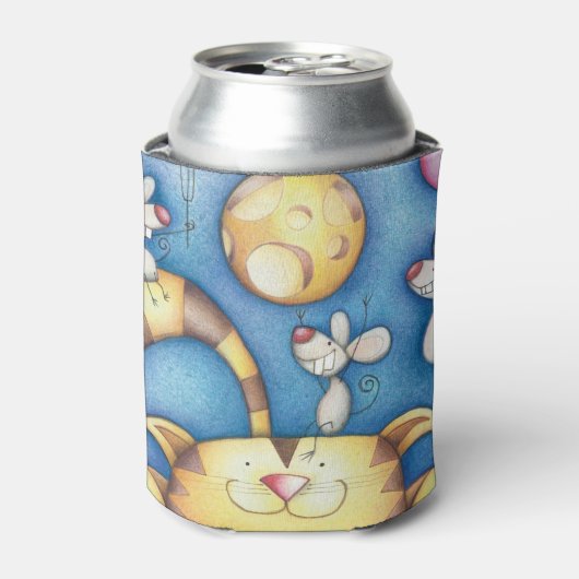 Cute Whimsical Cat and Mouse Moon Art 缶クーラー (缶正面)