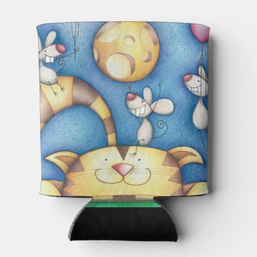 Cute Whimsical Cat and Mouse Moon Art 缶クーラー (裏面)